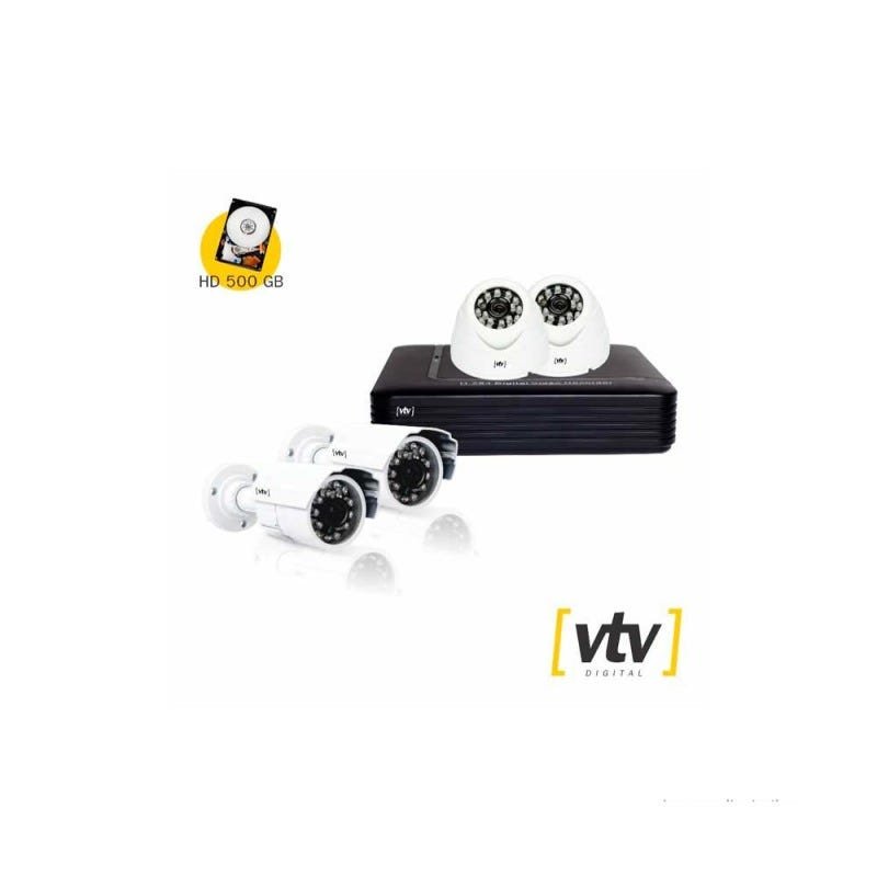 Kit duas câmeras Dome   duas câmeras Bullet DVR 8CH 720P até 1.0MP branco e preto VTV Digital - 1