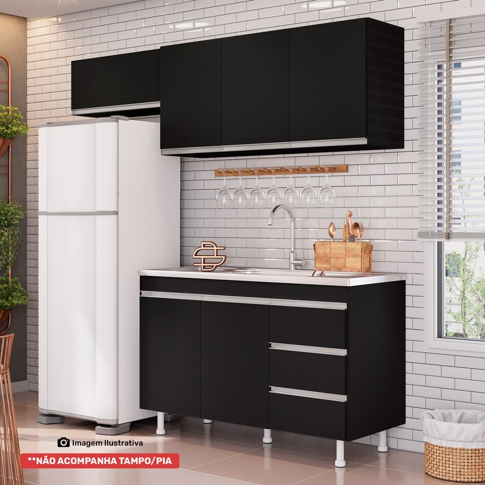 Cozinha Planejada Lux 3 Peças 100%mdf Balcão Gabinete sem Tampo 119cm 3 Gavetas Preto - Desk Design - 2