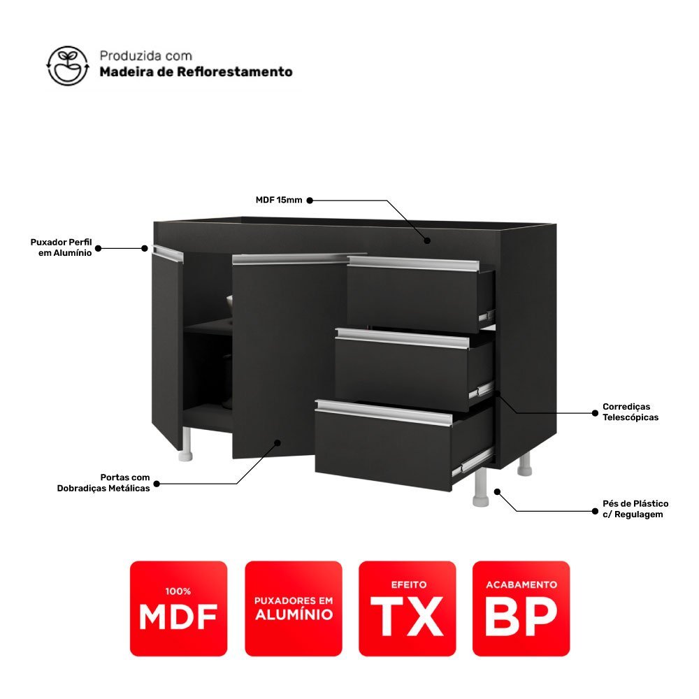 Cozinha Planejada Lux 3 Peças 100%mdf Balcão Gabinete sem Tampo 119cm 3 Gavetas Preto - Desk Design - 5