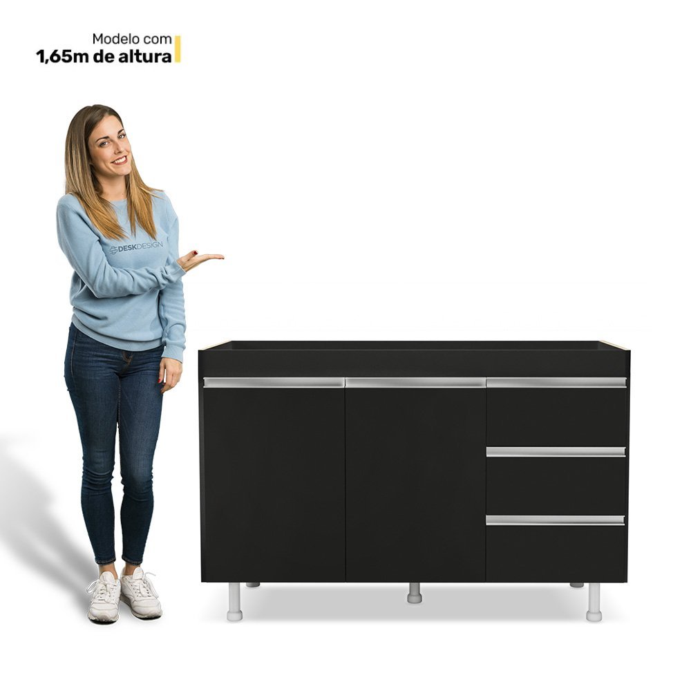 Cozinha Planejada Lux 3 Peças 100%mdf Balcão Gabinete sem Tampo 119cm 3 Gavetas Preto - Desk Design - 12