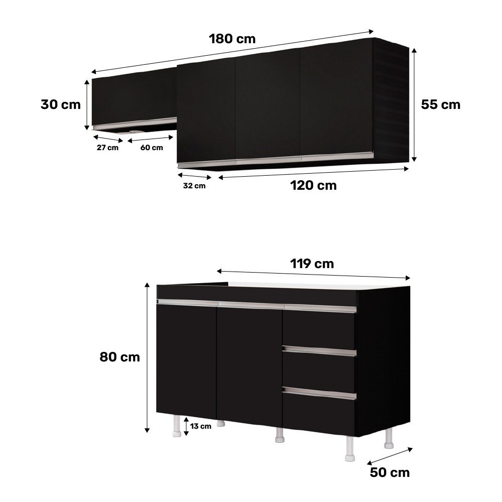 Cozinha Planejada Lux 3 Peças 100%mdf Balcão Gabinete sem Tampo 119cm 3 Gavetas Preto - Desk Design - 4