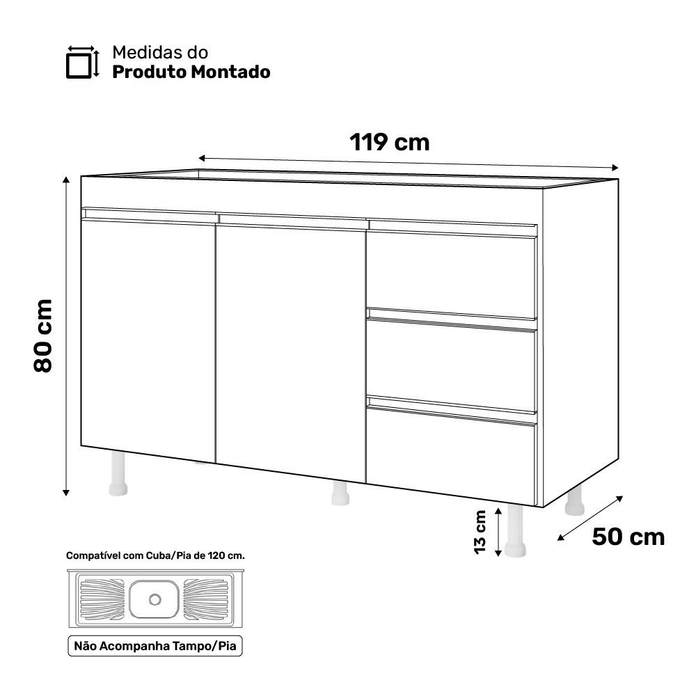 Cozinha Planejada Lux 3 Peças 100%mdf Balcão Gabinete sem Tampo 119cm 3 Gavetas Preto - Desk Design - 16