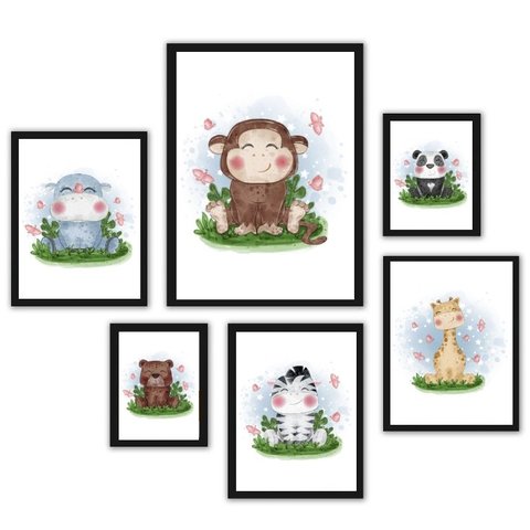 Kit 6 Quadros Infantis Tema Safari Aquarela:madeira Branca