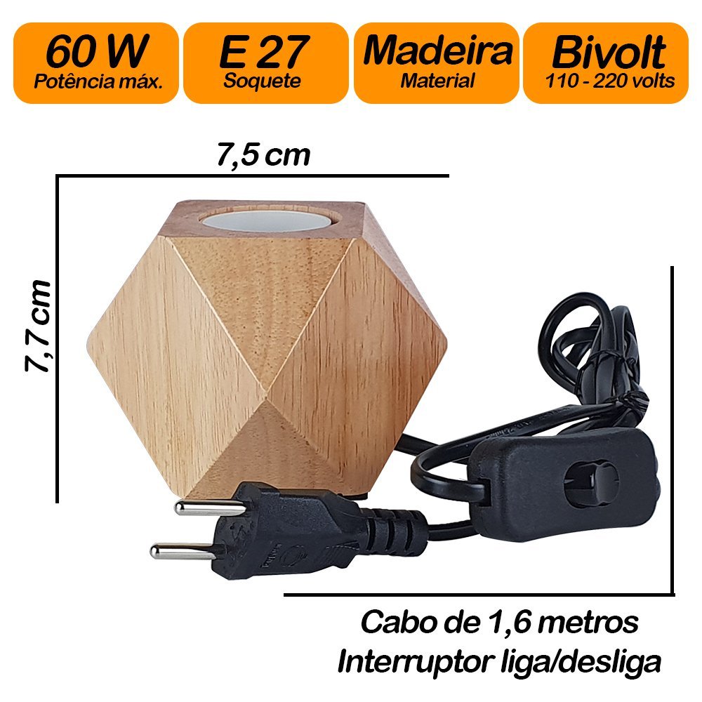 Kit Luminária Abajur de Madeira Polígono + Lâmpada Diamante LED Bivolt Filamento Original - 2