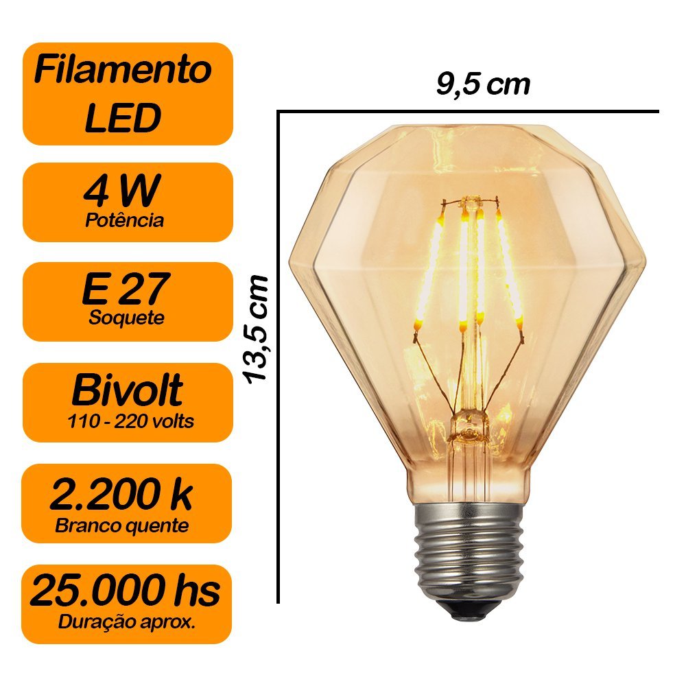 Kit Luminária Abajur de Madeira Polígono + Lâmpada Diamante LED Bivolt Filamento Original - 3