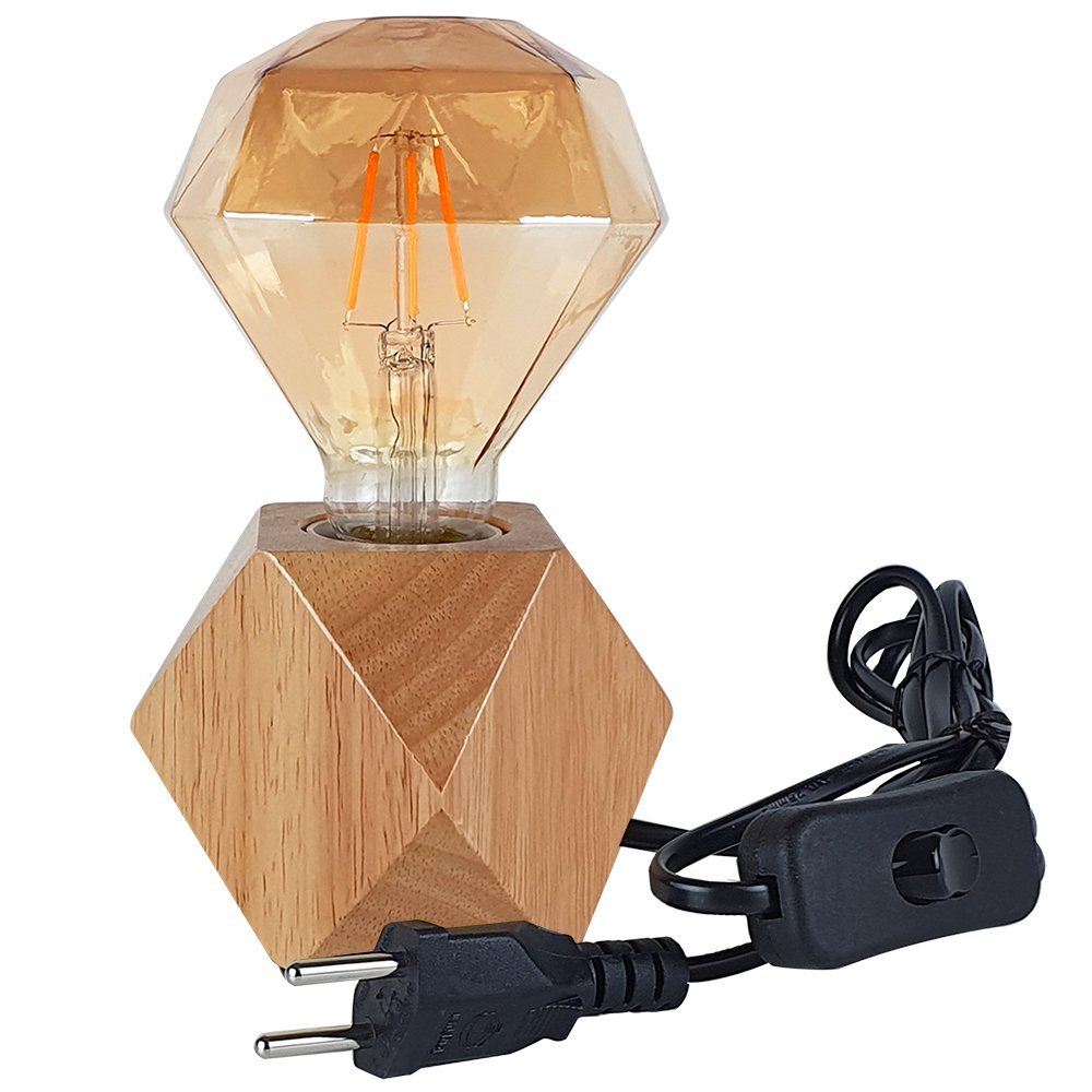 Kit Luminária Abajur de Madeira Polígono + Lâmpada Diamante LED Bivolt Filamento Original