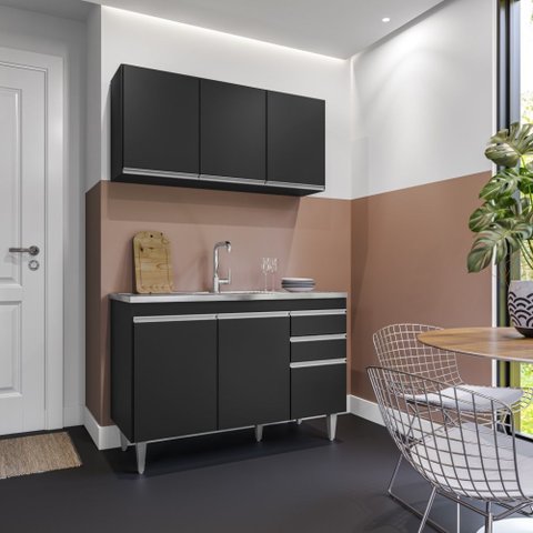 Kit de Cozinha Melissa 120cm 6 Portas 2 Gavetas Preto Maderatto Móveis