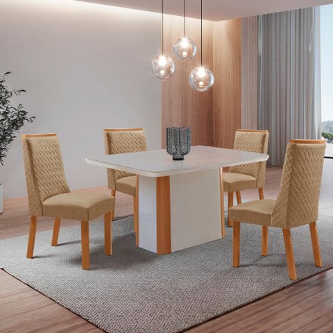 Mesa de Jantar Isadora 120 cm Tampo MDF Vidro Canto Copo com 4 Cadeiras Carolina Moderna Mobília