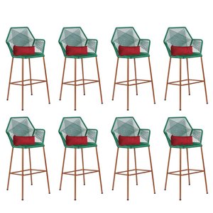 Kit 08 Banqueta Alta Com Encosto Sttar Balcão Ferro Bronze Fibra Verde Almofada Sintético Vermelho -