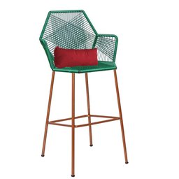 Kit 08 Banqueta Alta Com Encosto Sttar Balcão Ferro Bronze Fibra Verde Almofada Sintético Vermelho - - 2