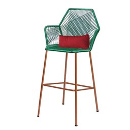 Kit 08 Banqueta Alta Com Encosto Sttar Balcão Ferro Bronze Fibra Verde Almofada Sintético Vermelho - - 3
