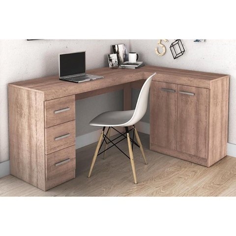Mesa Canto p/Escritório MSM446 c/ 2 Portas e 3 Gavetas Rustico - Movelbento