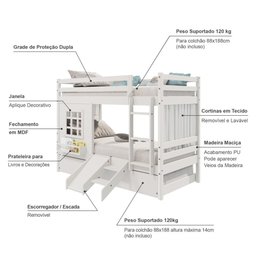 Treliche Infantil com Janela Escorregador e Cortina Madeira Maciça Branco Housin - 5