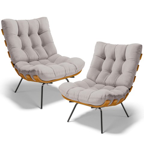 Kit 2 Poltronas Decorativas Sala de Estar Costela L02 Linho Bege - Lyam Decor