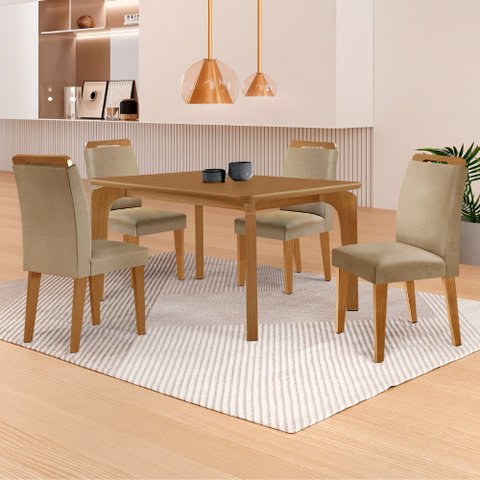 Mesa de Jantar Liz 120cm Mdf Canto Copo e com 4 Cadeiras Athenas