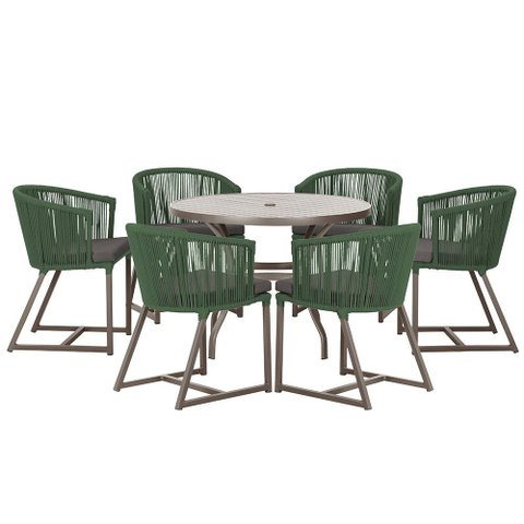 Mesa com 6 Cadeiras de Jantar Roma 120cm e Noronha em Alumínio Marrom Corda Náutica Estofado 11 Tram