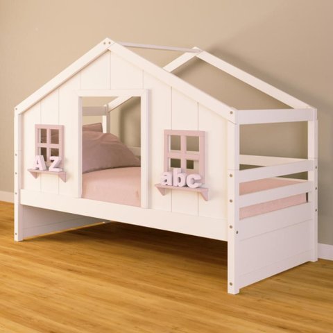 Cama Casinha Dos Sonhos Madeira Maciça Branco/ Rosa Housin