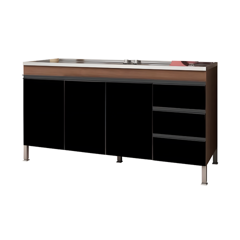 Gabinete Cozinha 3 Portas e 3 Gavetas Armário 174cm Multiuso:Preto/Preto