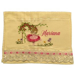 Toalha Bordada De Mão Lavabo Bailarina no Jardim Saia com Franja Fringer Dohler Artesanalle Creme Co