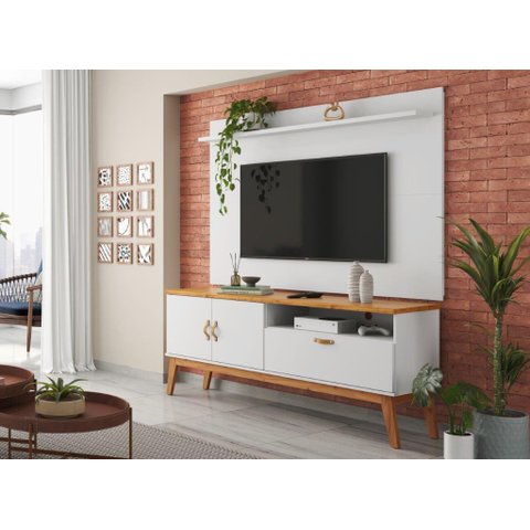 Rack + Painel Si 1.60m Estilo Retrô para Tv até 60'' Cor Branco / Cinamomo