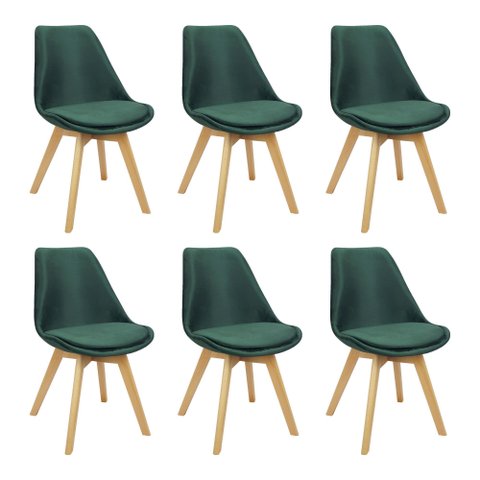 Kit 6 Cadeiras Charles Eames Leda Veludo Luisa Saarinen Estofada Base Madeira - Verde