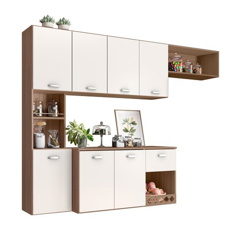 Kit Cozinha Compacta Suspensa Mila  Moderna Premium Completa Balcão Cor CarvalhoOak/Off White