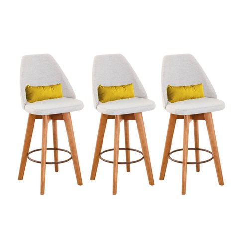 Kit 03 Banquetas Alta Maya Giratória Com Encosto Gourmet Linho Bege e Almofada Corino Amarelo -