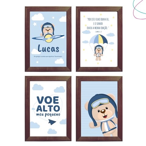 Kit com 4 Quadros do Tema Ursinho Aviador:tabaco