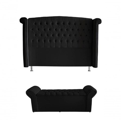 Kit Realeza Cabeceira de Cama Box e Calçadeira Baú Queen 160 Cm Suede Preto do Lar Móveis