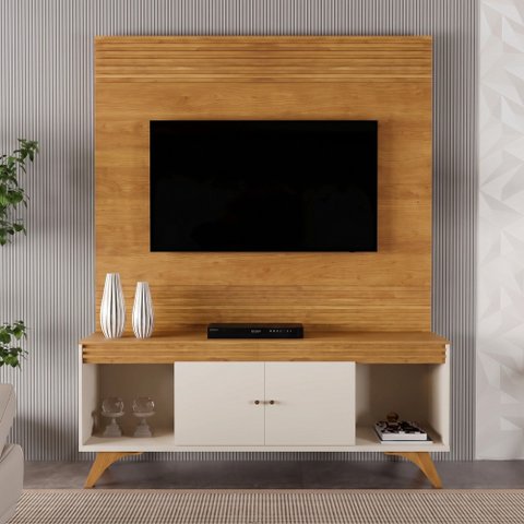 Conjunto Painel + Rack Sevilha Painel Naturalle Rack Off White/Naturalle Mavaular
