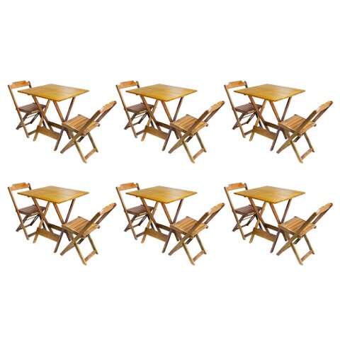 Kit 6 Conjuntos de Mesa Dobrável com 2 Cadeiras de Madeira 70x70 Ideal para Bar e Restaurante - Mel