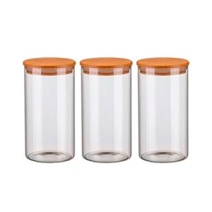 Kit 3 Potes de Vidro Hermético 1300ml com Tampa de Madeira Bambu Porta Condimentos