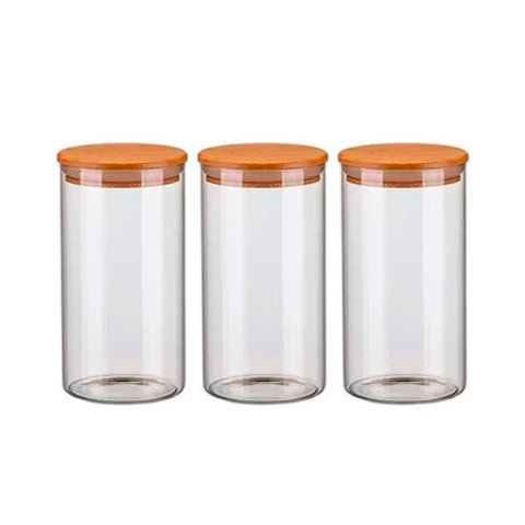 Kit 3 Potes de Vidro Hermético 1300ml com Tampa de Madeira Bambu Porta Condimentos