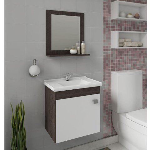 Conjunto para Banheiro Iris com Espelho e 1 Porta - Café/Branco