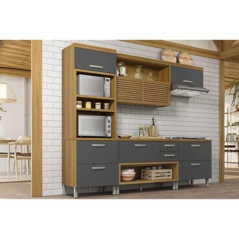 Kit Cozinha Modulada 4 Peças Princesa 1 Aéreo + 2 Balcões + 1 Paneleiro C6p65 Freijó Grafite