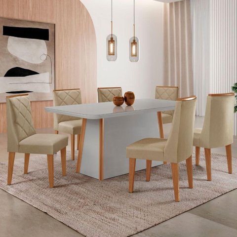 Mesa de Jantar Diane 180cm Tampo MDF Vidro 6 Cadeiras Isadora Moderna Turim 07 Naturale Serigrafia
