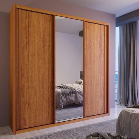 Guarda Roupa Casal Torino C Espelho 3 Portas de Correr 4 Gavetas MDF Amadeirado Naturale Bom Pastor