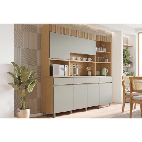Kit de Cozinha Compacta Realeza com 6 Portas e 3 Gavetas 220cm Carvalho Cinza