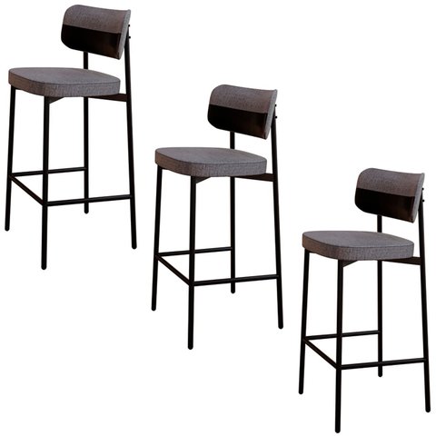 Banqueta Alta Bar Estofada Kit 3 Ella M25 Linho Cinza/preto - Mpozenato