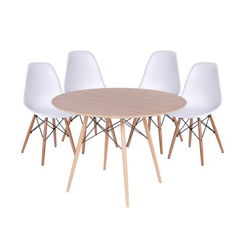 Conjunto Mesa Eames Dsw Freijó com a Base de Madeira 120cm + 4 Cadeiras Eames Dsw Branca