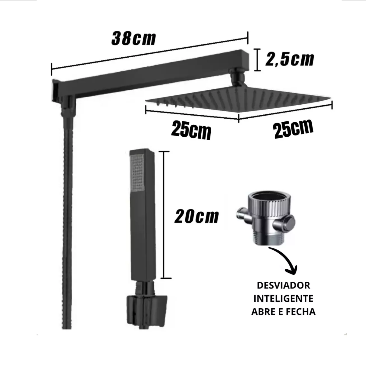 Ducha de Banho Quadrada 25x25cm com Desviador Inteligente Preto Fosco - 4