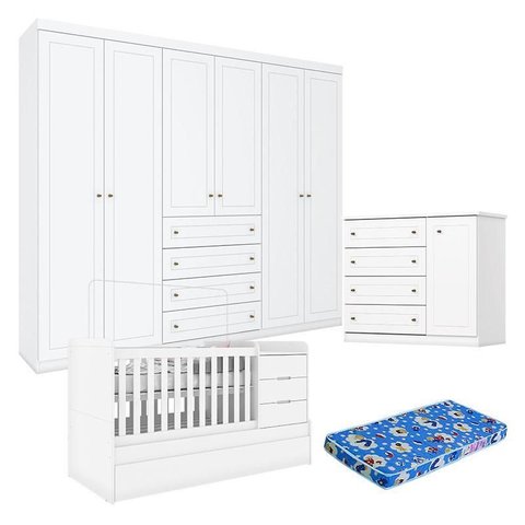 Quarto Infantil 6 Portas Americano com Berço Multifuncional Cleo Branco Fosco e Colchão Ortobom -