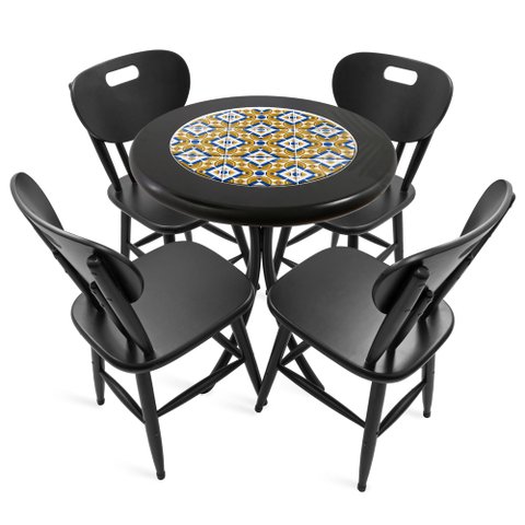 Cj Mesa Madeira Azulejo 60cm - Bistrô Fixa 78cm + 4 Cadeiras 43 - Preta - Anos Dourados