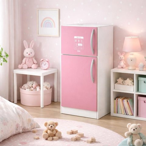 Geladeira Infantil Duplex Grande Madeira Freezer 2 Portas Rosa MDF Criança Kit Completo Mini Mercado