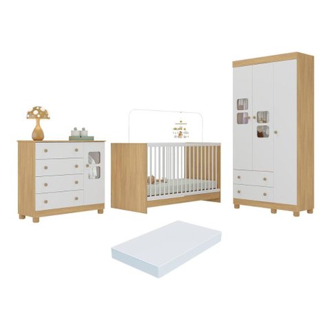Quarto de Bebê Completo com Berço 3 em 1 com Colchão Incluso Sol Multimóveis Mp4542 Madeirado/