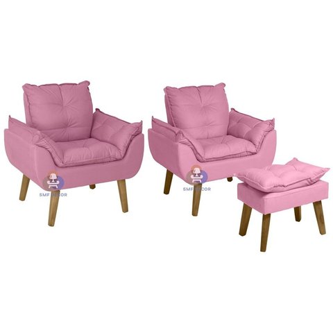 Kit 02 Poltrona/cadeira Decorativa e Puff Glamour Rosê com Pés Quadrado Rosê