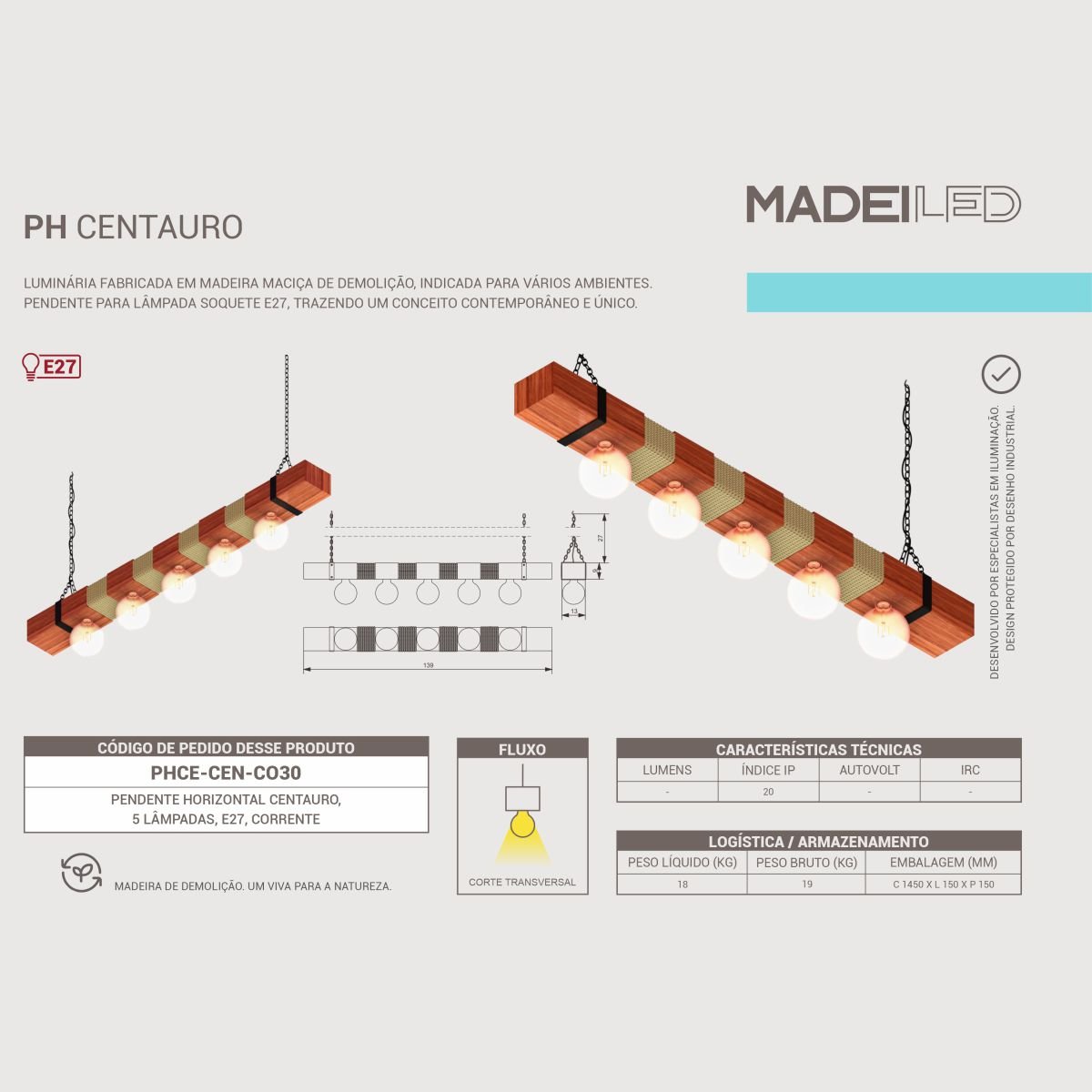 Pendente Centauro Madeira Maciça para Lâmpada E27 Rústico - 6