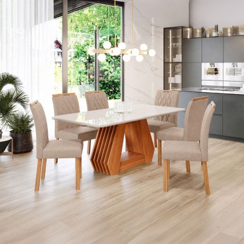 Sala de Jantar 6 Lugares Tampo de Vidro 180 cm Harper Cadeiras Madeira Maciça Cinamomo/Linho Bege - 