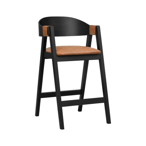 Banqueta Alta Bistrô Miami Encosto Anatômico Curvo - Preto - Assento Estofado Corano Marrom Mescla