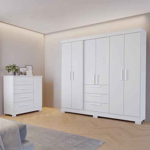 Conjunto de Quarto com 1 Guarda-Roupa e 1 Cômoda Branco